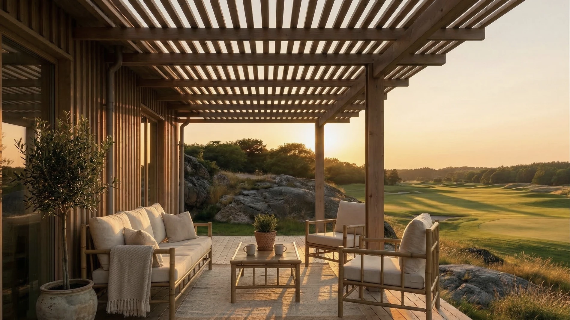 Terrass med pergola mot golfbanan
